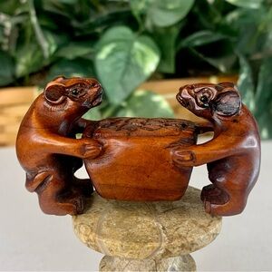 Vintage Boxwood Netsuke Two Rats Sitting at Table Carved Wood Animal Figurine